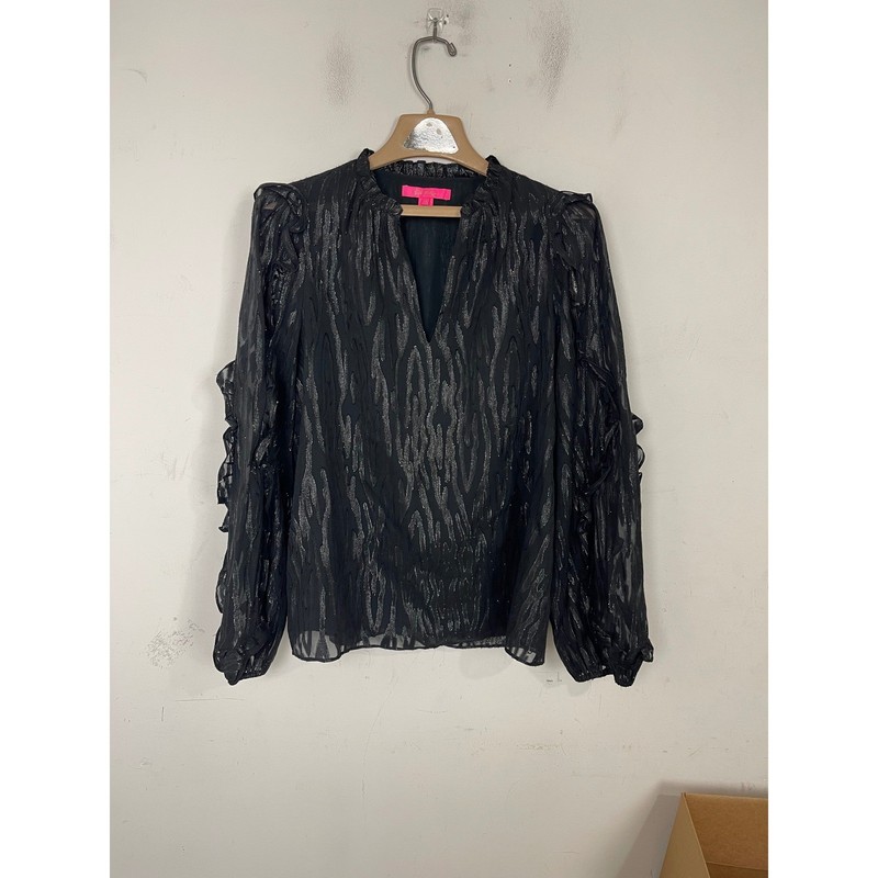 Lilly Pulitzer Black Silver Metallic Silk Ruffle Blouse Top Size M 008752
