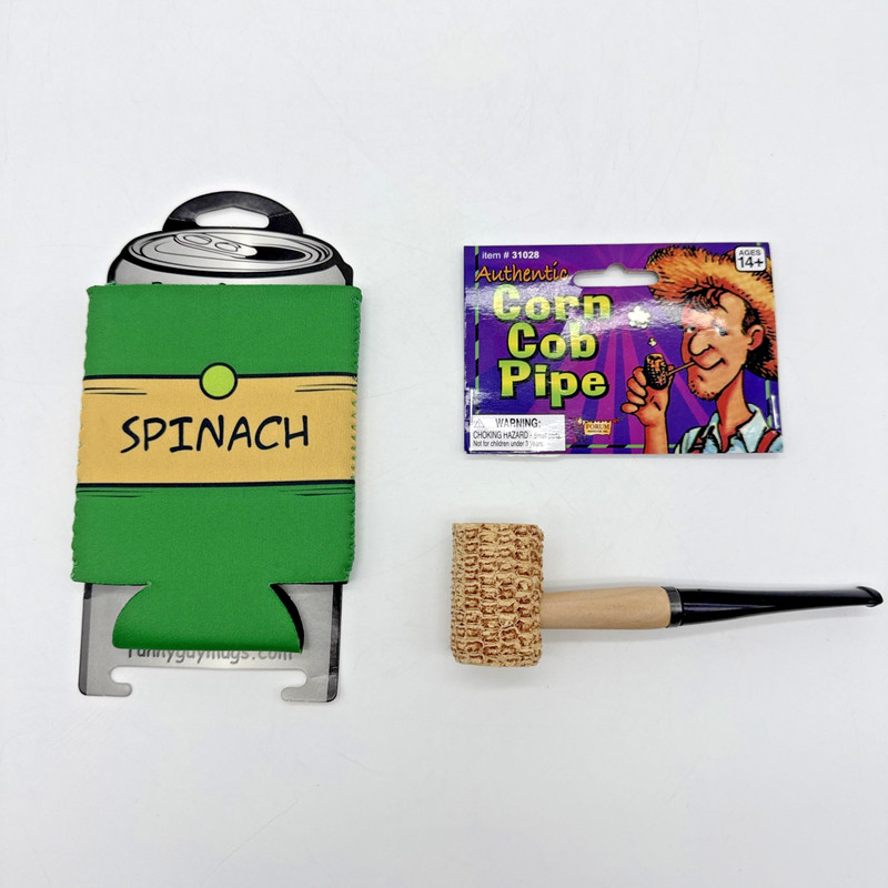 Spinach Koozie & Corn Cob Pipe Popeye Costume Soda Pop Beer Can Cover Coolie Grn