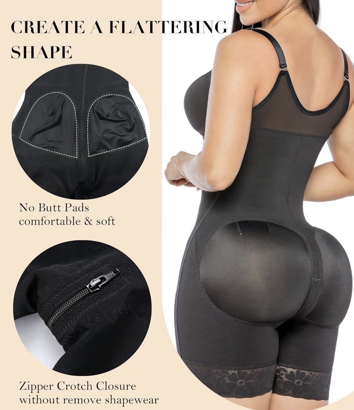 Women’s Black Mesh Tummy Control Shapewear Bodysuit w/ Zipper, Straps gallery