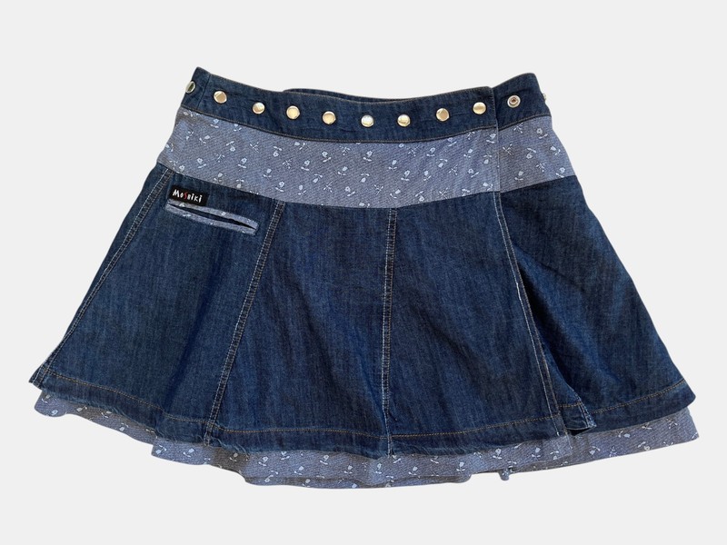 Moshiki Reversible Denim Print Cotton Skirt Adjustable Waist One Size