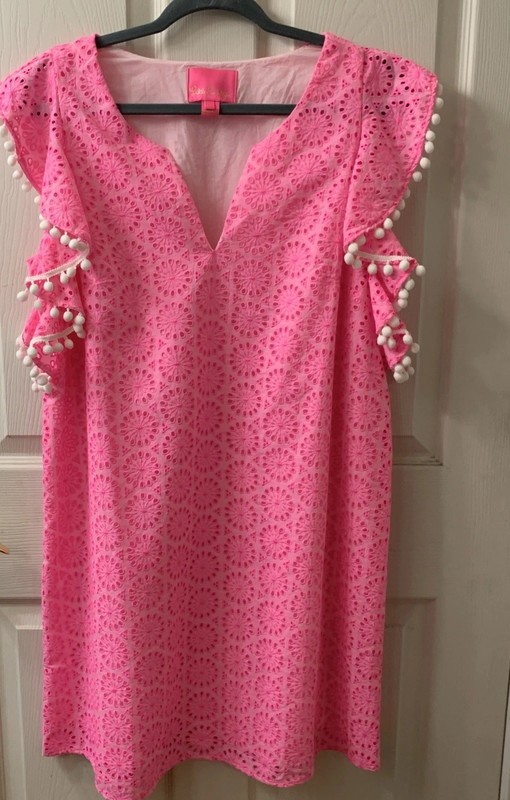 Lilly Pulitzer L Astara Dress Pink Eyelet Layer Vacation Cover up Lined Spring