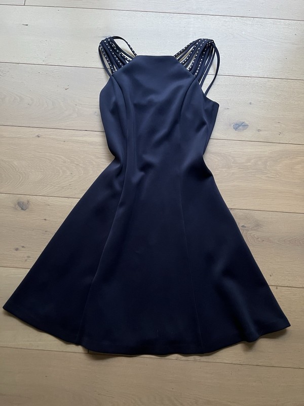 GUESS Navy Fit & Flare Skater Dress High Neck Strappy Studded Back Size 6
