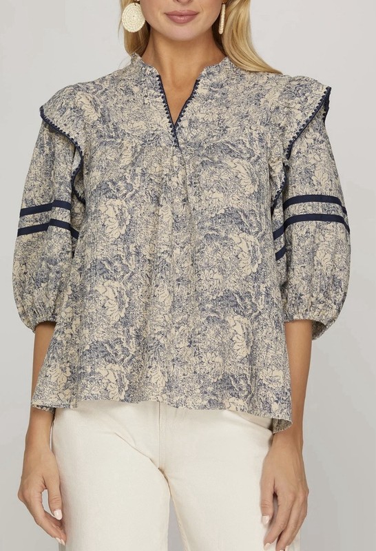 She And Sky Toile Ruffle Blouse Sz L Blue Cream Preppy