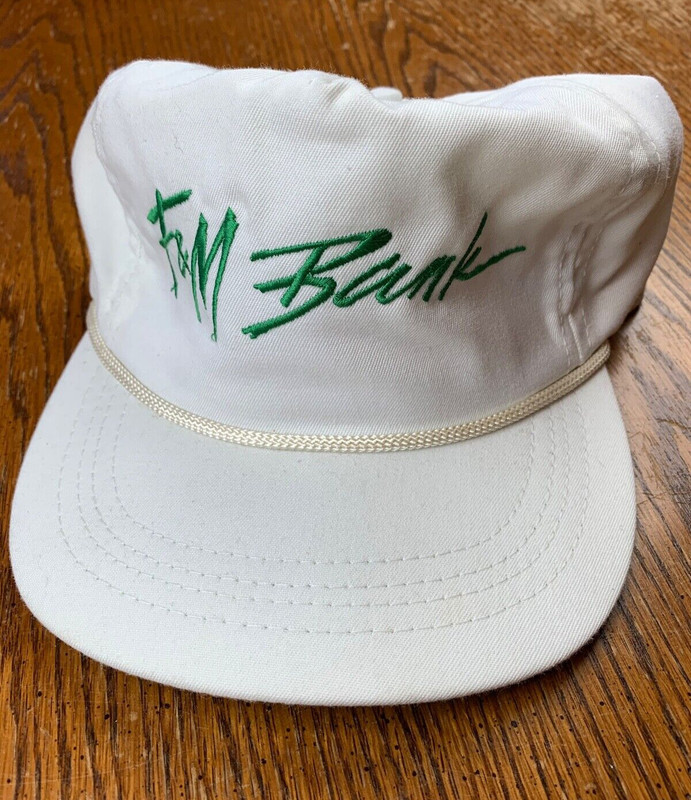 VTG 90s F&M Bank Leather Strapback Hat Farmers & Merchants California Strongest