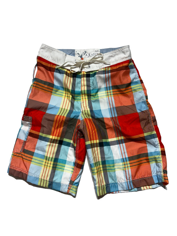 American Eagle Mens Board Shorts Swim Trunks Multicolor Plaid Cargo Pocket y2k