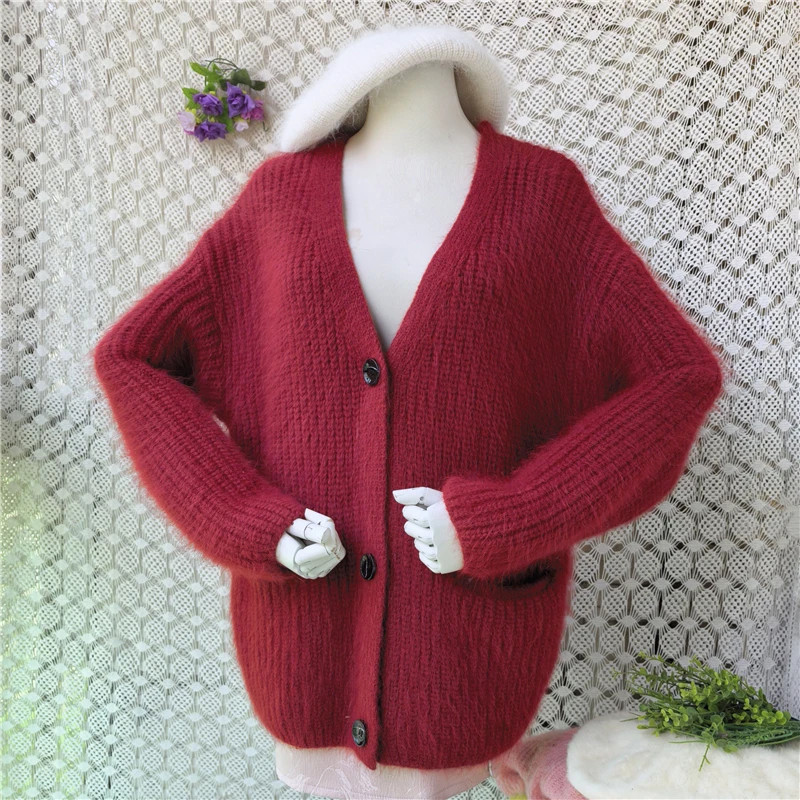 Women Thick Knit Mink Cashmere V-Neck Loose Cardigans Sweater Angora Jacket Coat