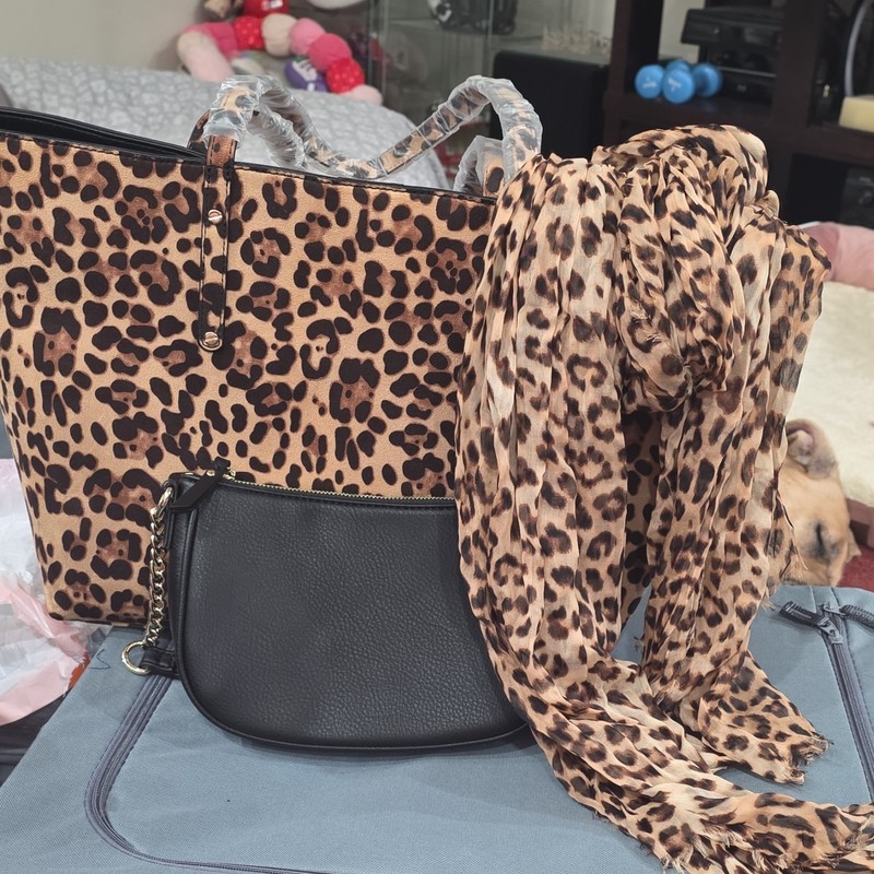 Leopard Print Accessory Set: Tote, Handbag & Scarf, Faux Leather, 3 Pieces