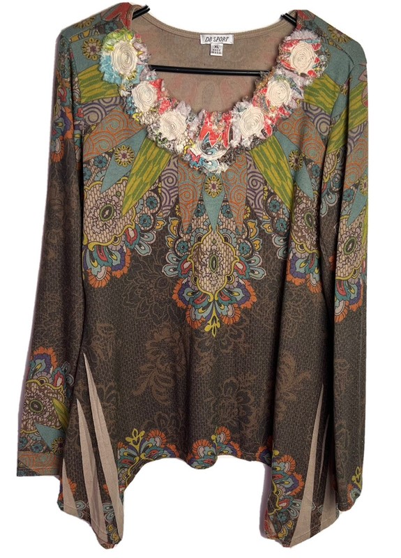 DB SPORT Art To Wear Sweater Tunic Screen Print Flower Rosettes Sz XL Lagenlook