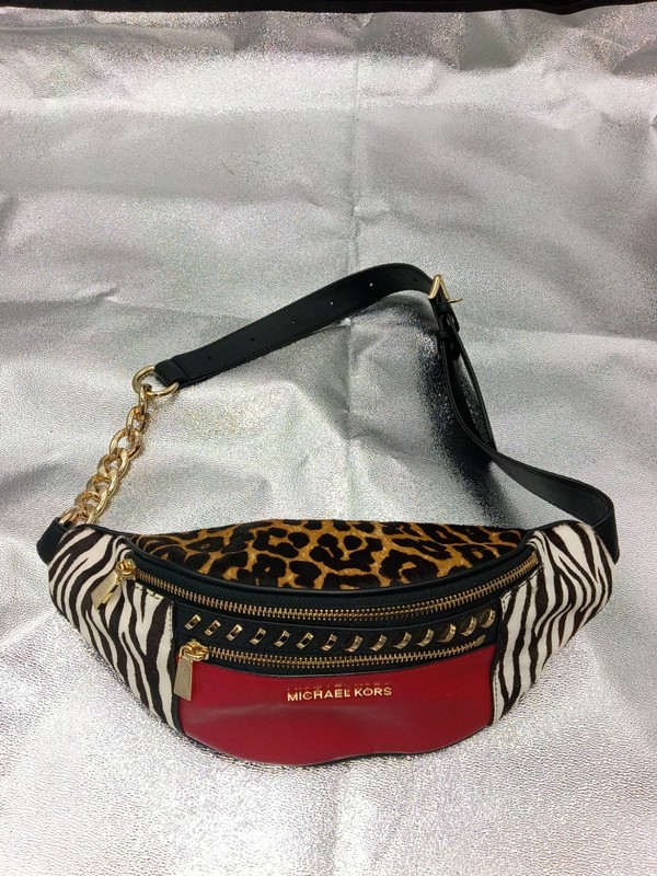 Michael Kors Animal Print Belt Bag Fanny Pack Black/Red Gold Hardware Chain Zip
