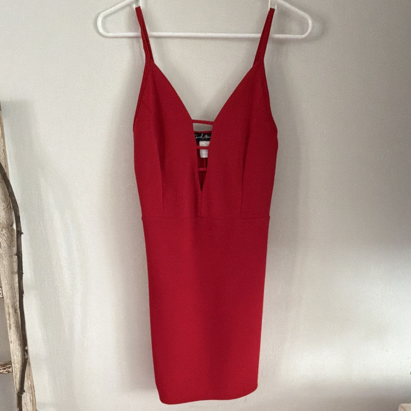 French Atmosphere Red V-Neck Strappy Bodycon Knee Dress L Stretch Party/Cocktail