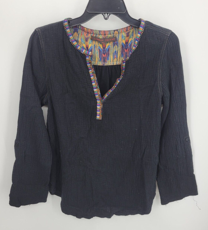 A Common Thread Top Womens Medium Black Gauze Tribal Aztec Trim Popover