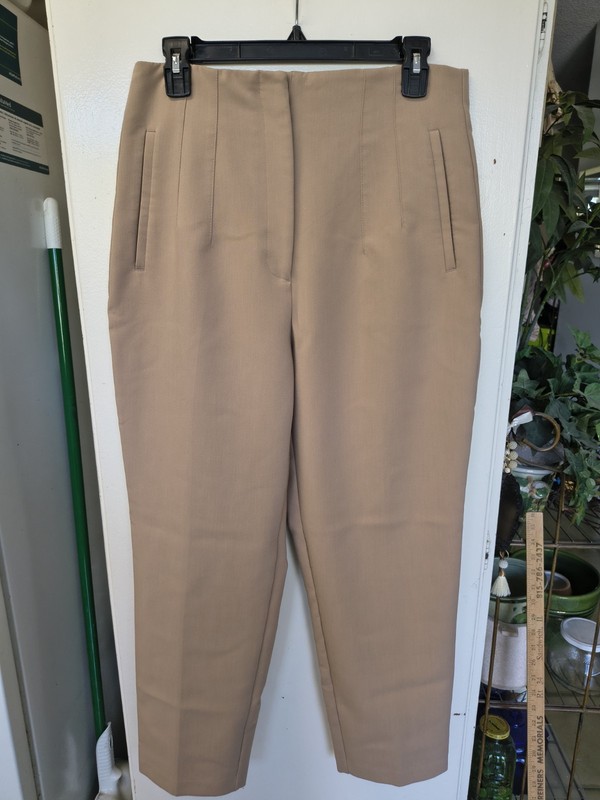 Zara Women’s Large Beige Solid Flat Front Dress Pants Zip Hook & Eye L