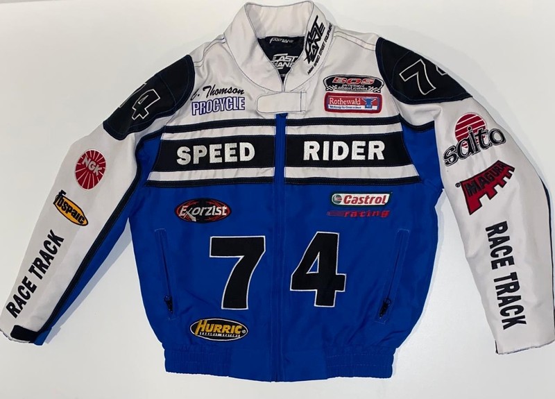 Vtg Fast Lane Racing Jacket Mens Moto GP Biker Black,Blue,White Embroidered XS