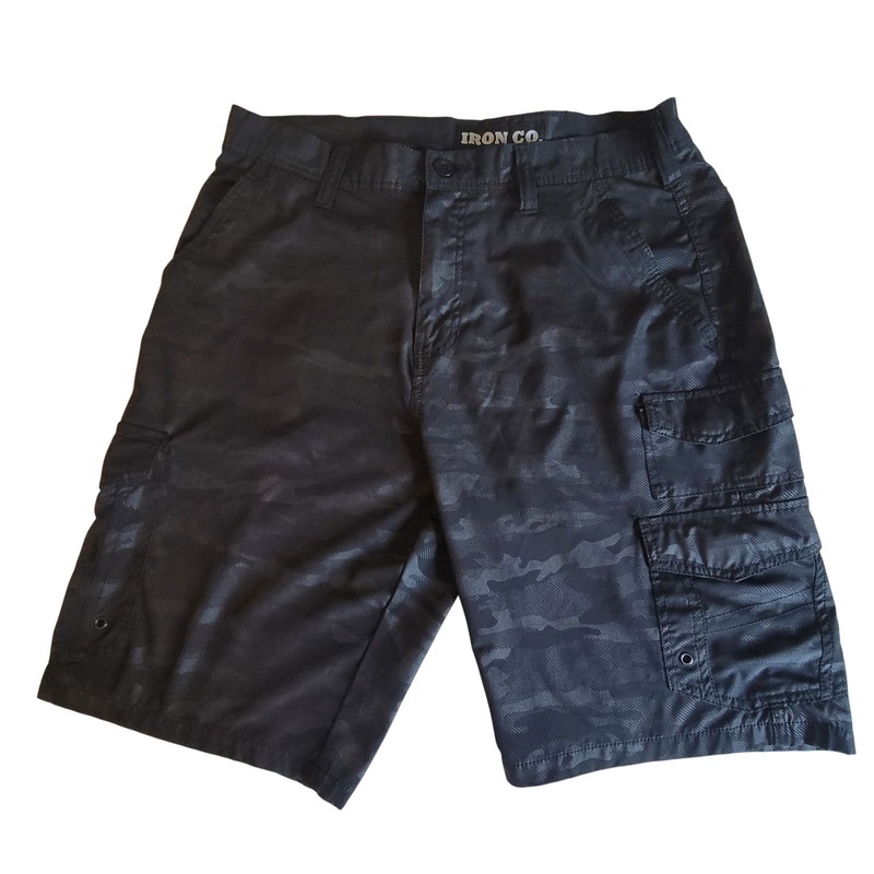 Iron Co Cargo Shorts Mens 34 Black Tonal Camo Stretch Utility Techwear Hiking