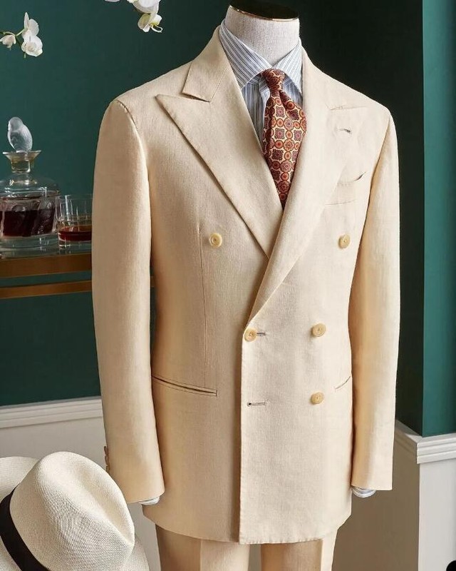 Linen 2 Pieces Men's Suits Cream Double Breasted Summer Wedding Party Blazer gallery
