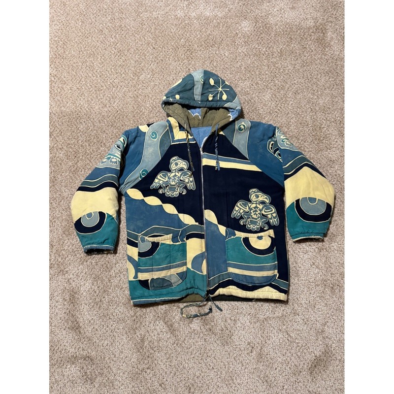 Asian Creations Jacket Mens Medium Blue Batik Eagle Mask Quilted Hooded Zip Up