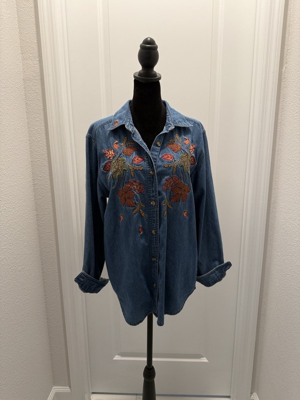 100% Cotton Denim Button Down With Fall Embroidery Size Medium Bobbie Brooks