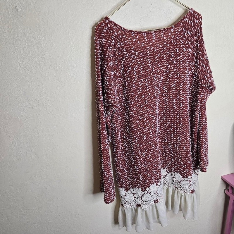 Burgundy Popcorn Knit Lace Ruffle Tunic Dress gallery