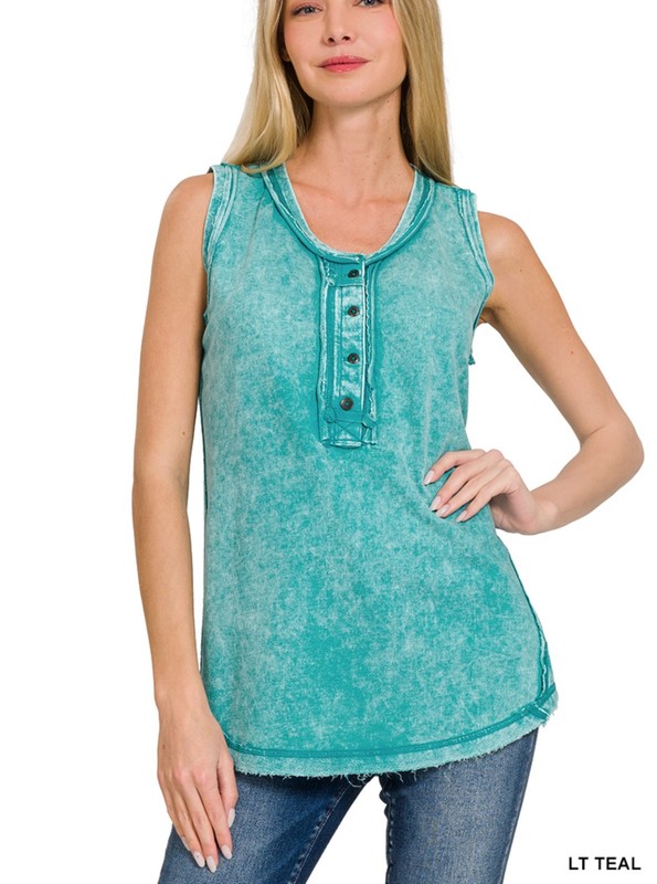 ZENANA 5251 Color Washed Henley Tank top Tunic 100% CottonRaw Edge Exposed Seam gallery