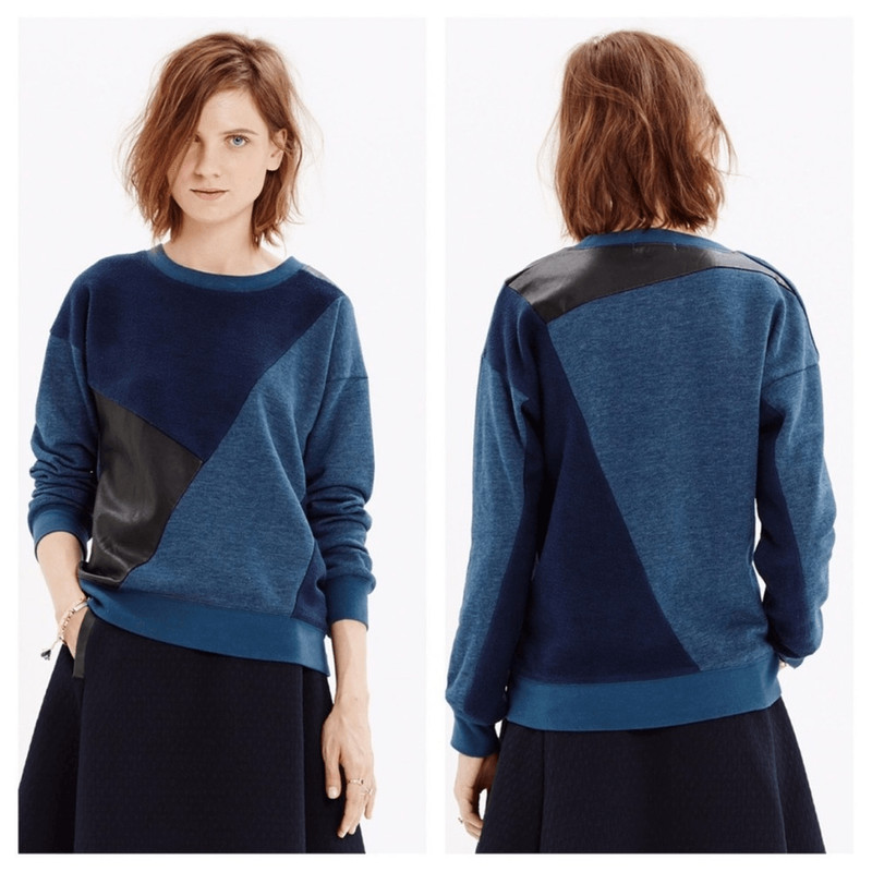 MADEWELL Navy Blue Cotton and Black Faux Leather Patchwork Sweater-M NWT