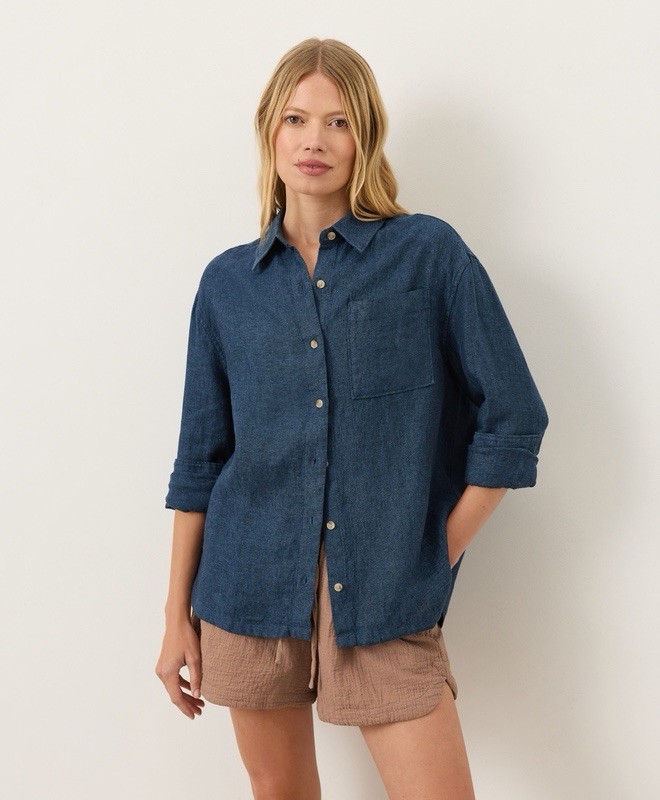 NWOT-Pact-Women’s Organic Linen Relaxed Shirt-Navy Yarn Dye-Size: Large (L)