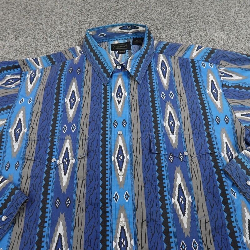 High Noon Shirt Mens XL Blue Pearl Snap Aztec Navajo Western Cowboy Rodeo Serape gallery