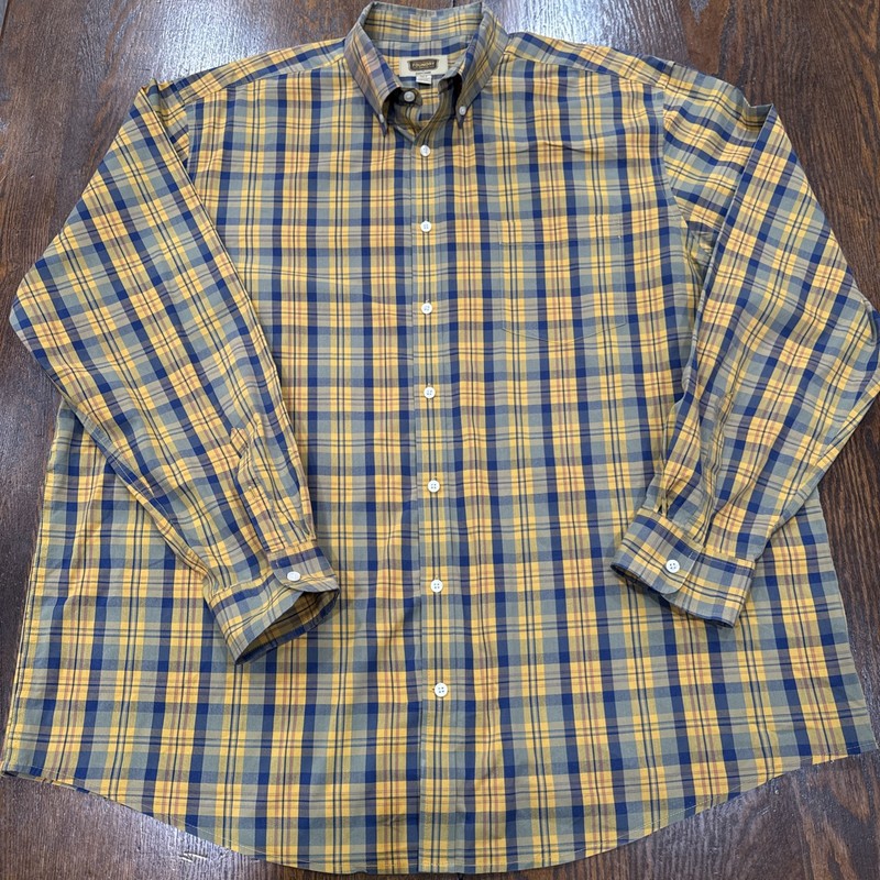 Foundry Men’s 2XLT Plaid Button Down Long Sleeve Casual Shirt Mustard/Blue/Green
