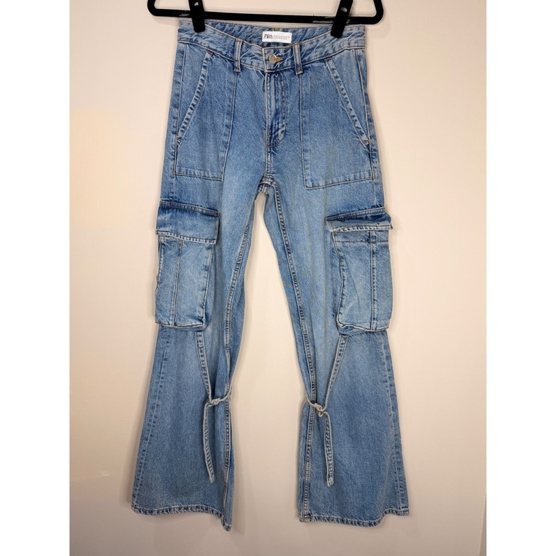 #172 ZARA Cargo Jeans Sz 2 w: 29″ r: 10″ I: 32″ Blue Wide Leg High Rise Denim