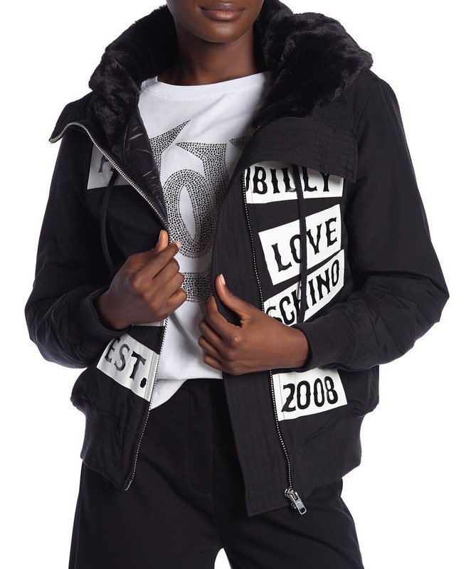 $1095 Authentic LOVE MOSCHINO Women’s Fur Shearling Puff Bomber Hooded Jacket 44
