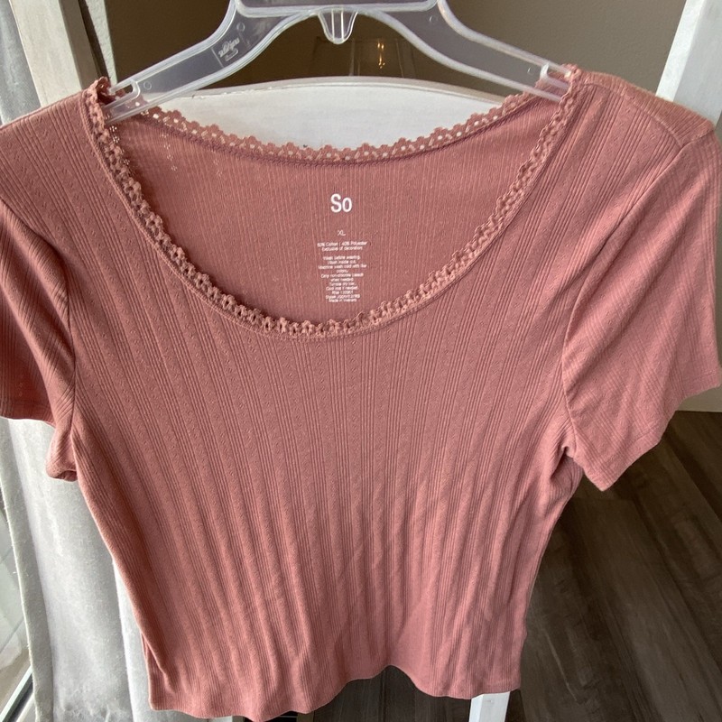 SO Pink Solid Ribbed Knit Scoop Neck Lace Trim Short Sleeve Stretch Top XL