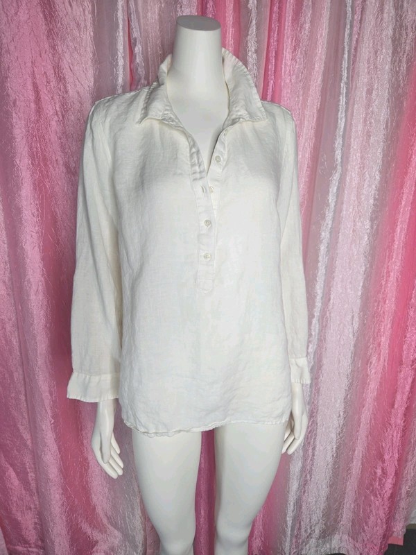 Talbots Ivory 100% Linen Casual Tunic Blouse Size Large Petite