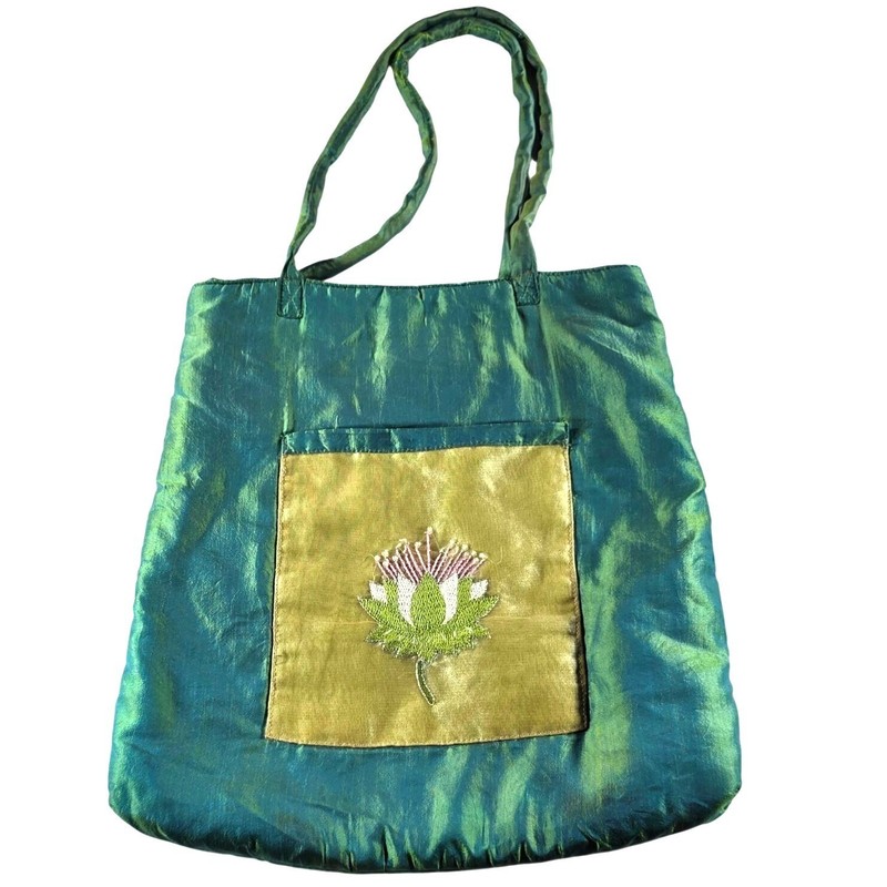 Embroidered Floral Green Gold Tote Bag Dual Shoulder Straps Silk Asian Boho