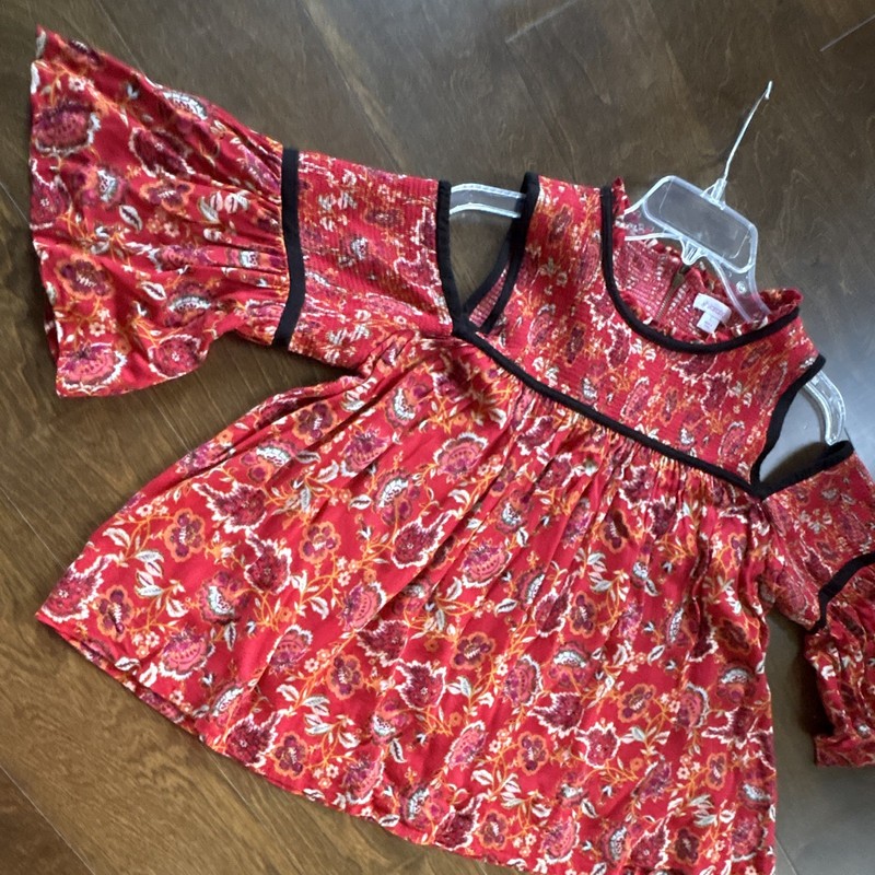 Xhilaration Red Multicolor Floral Cold Shoulder Bell Sleeve Round Neck Blouse L gallery