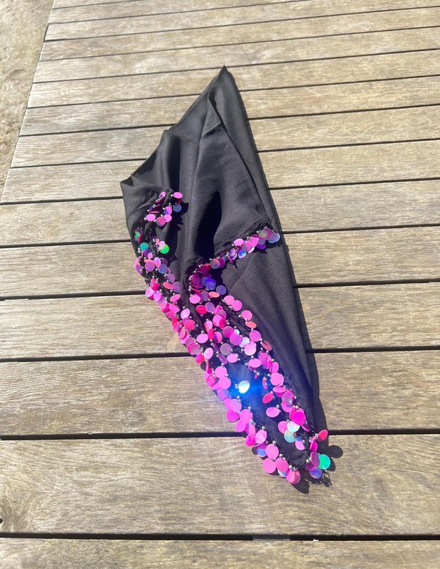 Black Handmade Sequin Crochet Edge Headscarf Kurdish Design Unique Boho Vintage