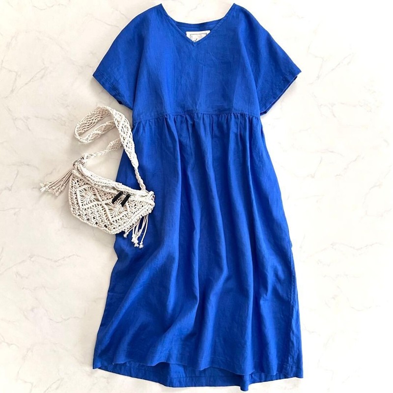 ICHIAntiquites Linen 100 Gathered Dress Royal Blue V Neck Short Sleeve Auth