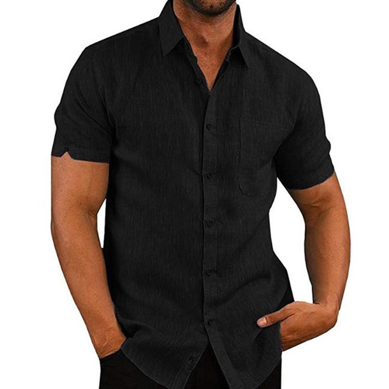 Mens Solid Short Sleeve Button Turn Down Collar Casual Blouse Casual T-shirt Top gallery