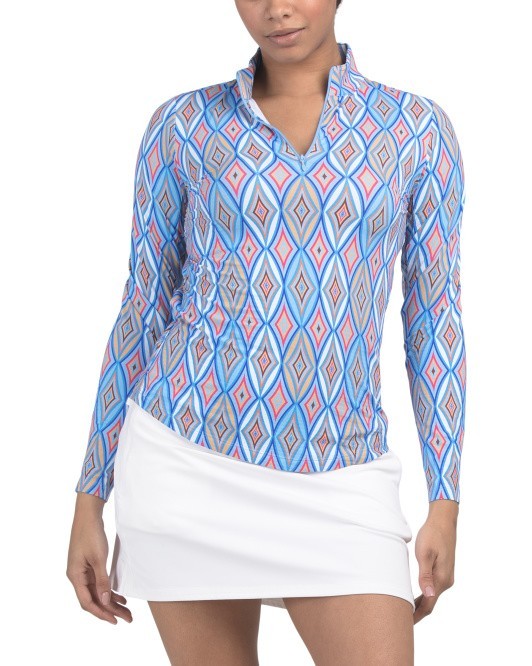 NEW IBKUL TENNIS GOLF LONG SLEEVE ZIP MOCK NECK TOP, ROMINA BLUE MULTI , LARGE