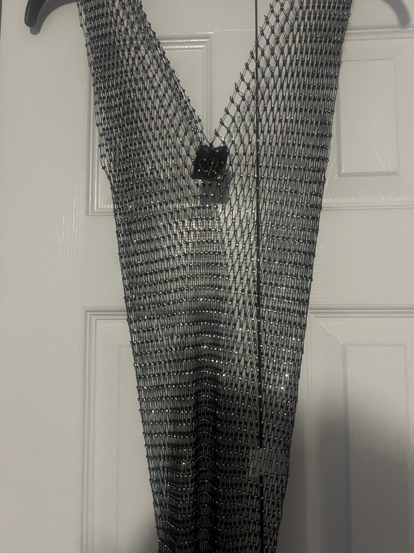 Silver Rhinestone Mesh Sheer V-Neck Sleeveless Pullover Top L Party/Cocktail