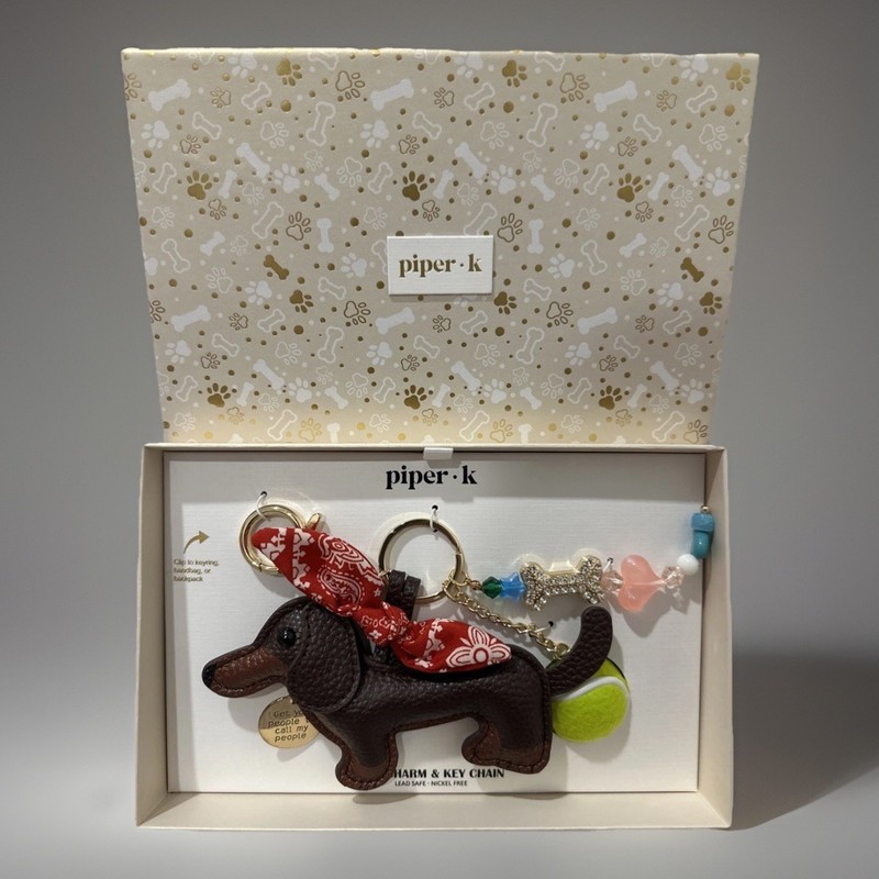 Piper K Brown Dachshund Dog Bag Charm Key Chain Bandana Tennis Ball Bling RARE