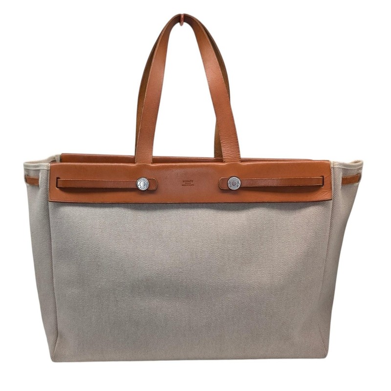 Hermes Vintage Natural Toile and Vache Calfskin Leather Herbag Cabas
