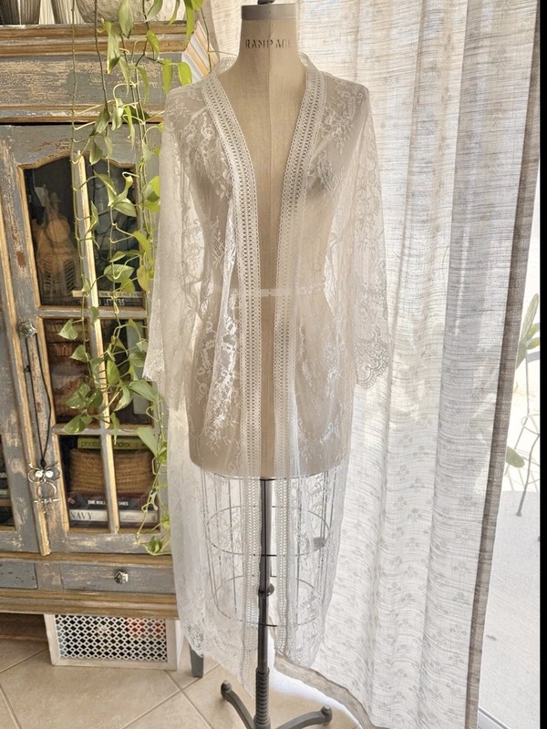 Boho Sheer Floral Lace Long Duster Kimono Cardigan Festival Bohemian White 3X