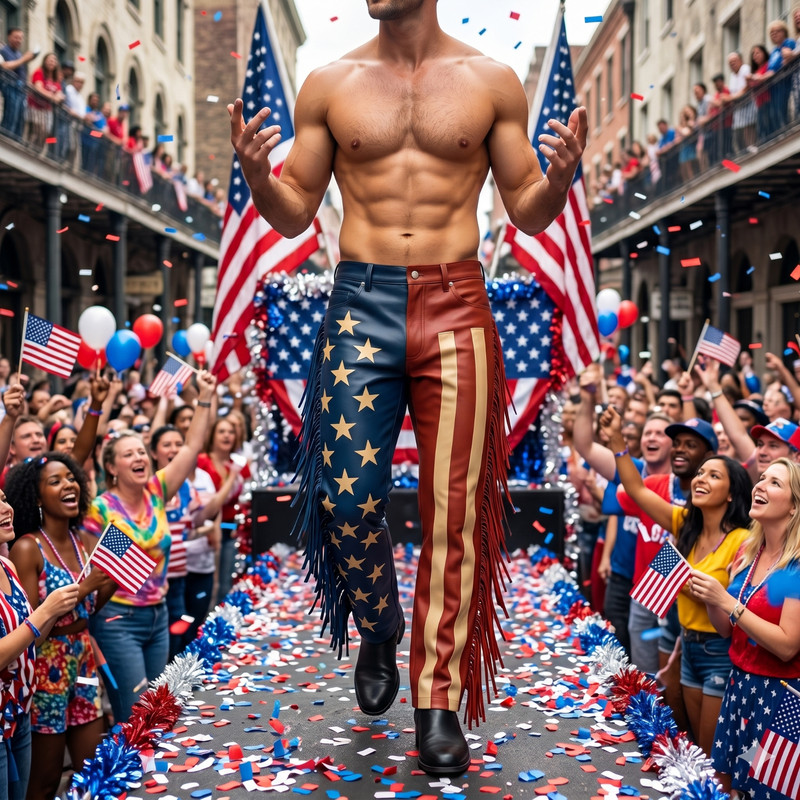 Men’s Patriotic USA Flag Leather Pant with Side Fringes |Festival, Parade Wear