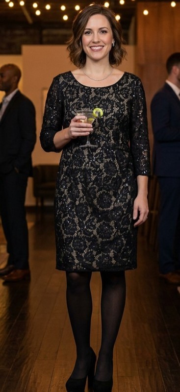 Scarlett Black Sequin 3/4 Lace Sleeve Cocktail Dress Size 16 V Neck