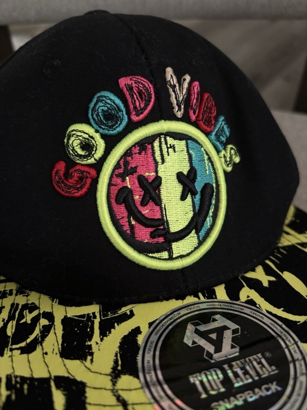 Good Vibes Top Level Smiley Face Graphic OSFM Cotton Flat Brim Cap Hat gallery