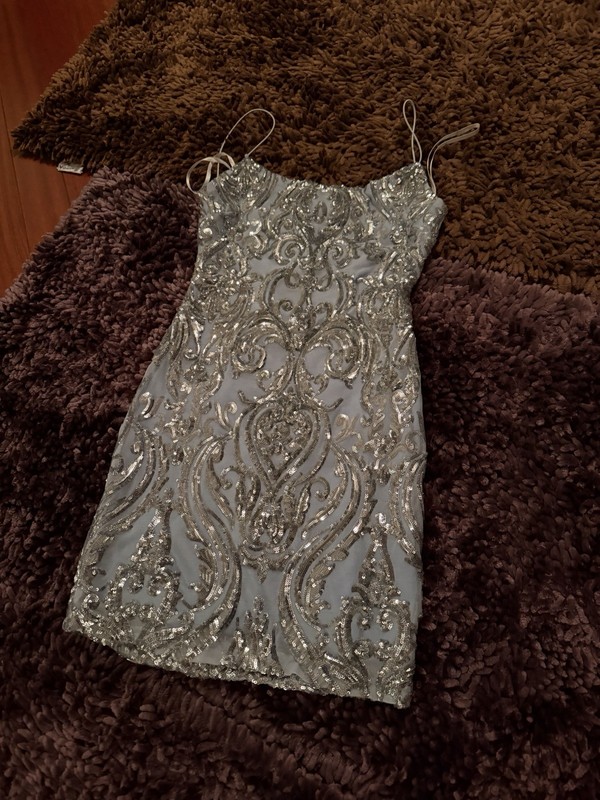 Windsor Blue/Silver Sequin Mini Bodycon Dress Square Neck Strappy M