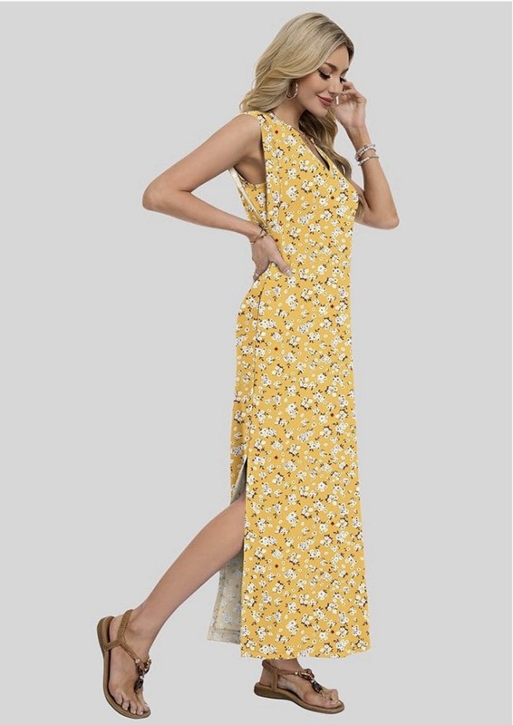 Women’s Yellow/White Floral V-Neck Sleeveless Maxi Dress w/ Pockets Slit gallery