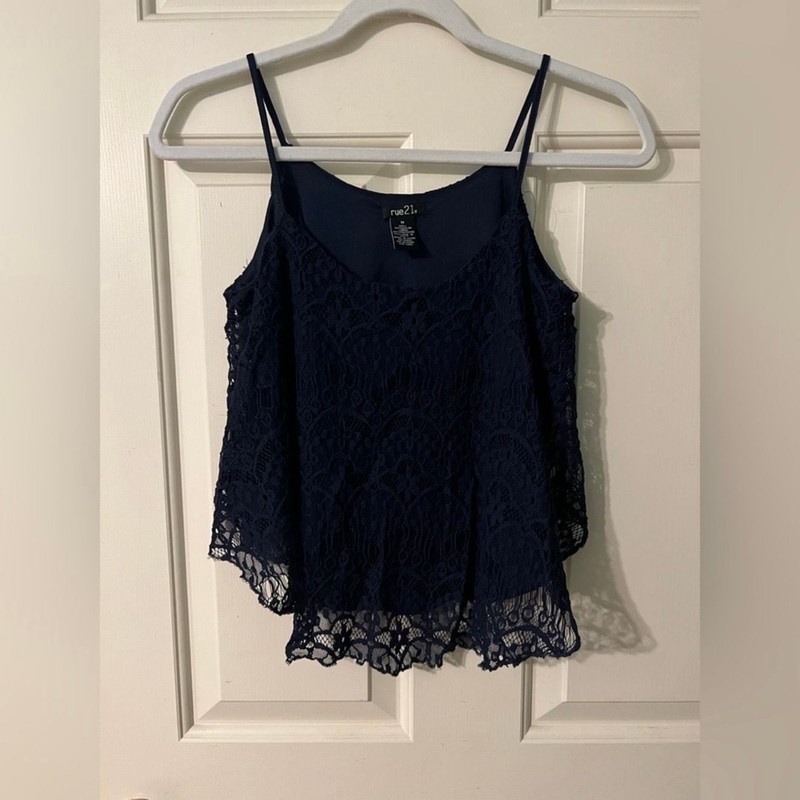 rue21 Navy Blue Lace Overlay Cami Tank Top Size M