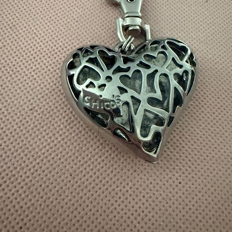 Chico's Silver Heart Bag Charm Rhinestone Pavé Filigree Keychain Accessory gallery