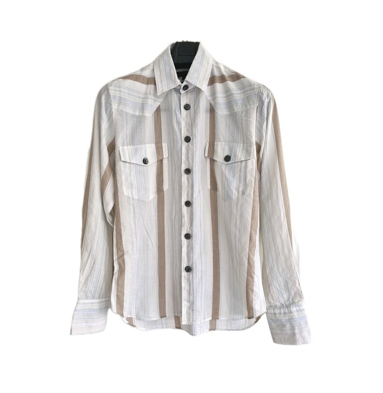 Allsaints Shirt Men’s Medium Long-Sleeve White/Beige Vertical Striped Cotton.