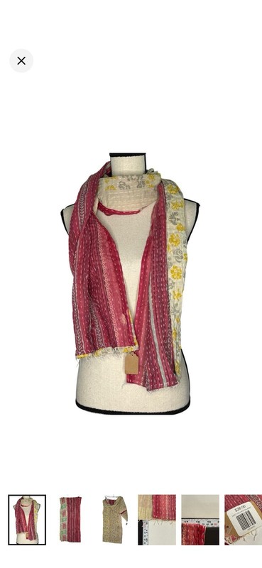 NWOT Kantha Reversible Seed Scarf In Pink, Light Red, Cream, Yellow & Gray